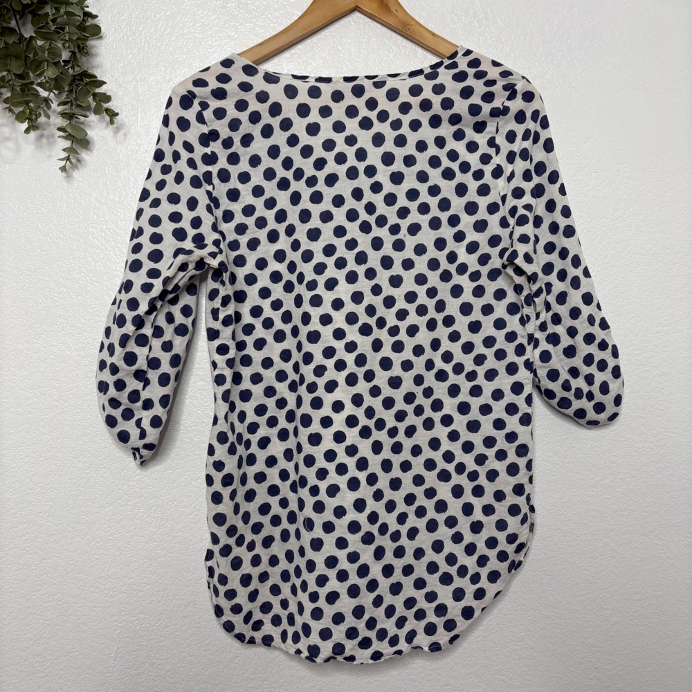 Hester & Orchard Linen Blend Polka Dot Henley Blouse Navy White Small - Picture 6 of 6